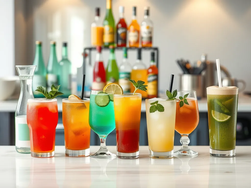 Alcohol-free beverage bar with an array of colorful mocktails, infused water, and specialty coffees, beautifully arranged, refreshing and modern