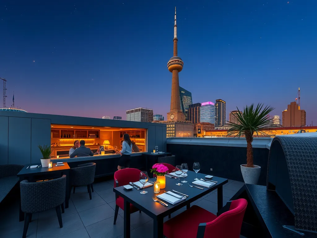 Exclusive pop-up dining setup, rooftop setting with elegant seating under starry night, sophisticated decor, photorealistic, warm lighting