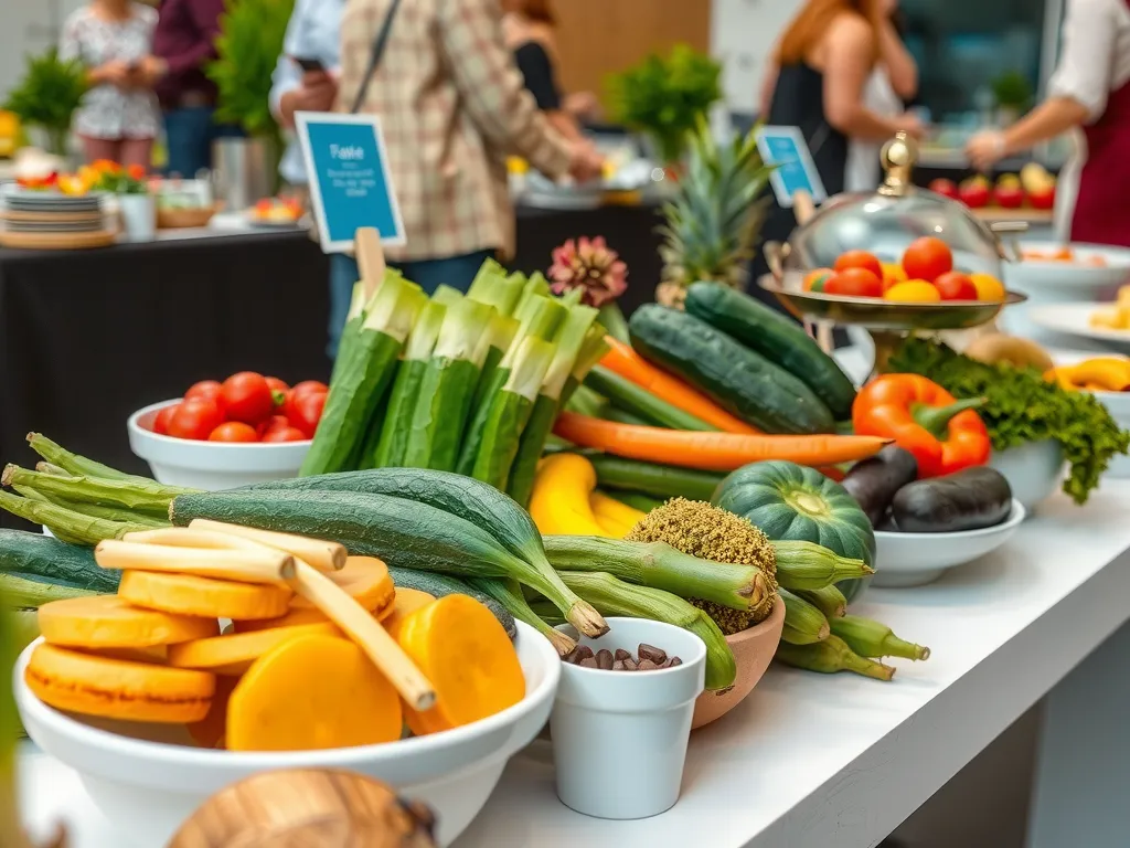 Beautiful buffet table at corporate event featuring local seasonal ingredients, vibrant colors, fresh produce, elegant presentation