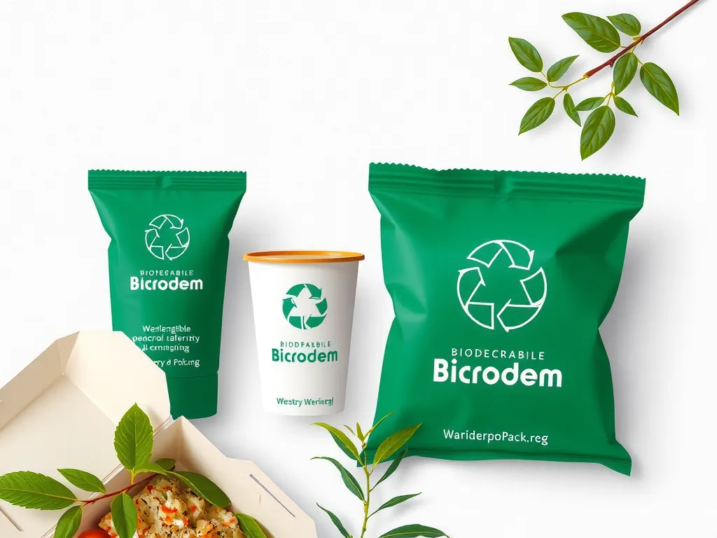 Biodegradable and recyclable catering packaging materials, minimalist, clean design, environmentally-friendly focus