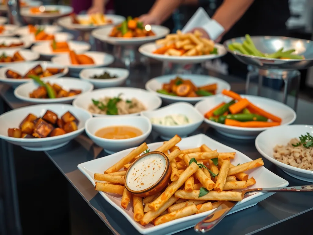 Concept of reducing food waste at an event, composed of carefully portioned dishes, minimal food leftovers, professional photography