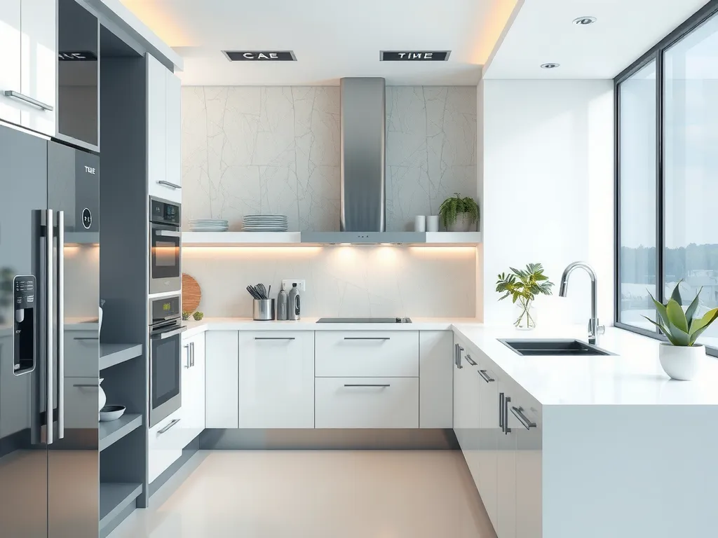 Modern kitchen environment utilizing energy-efficient appliances and renewable energy sources, sleek and futuristic, high tech