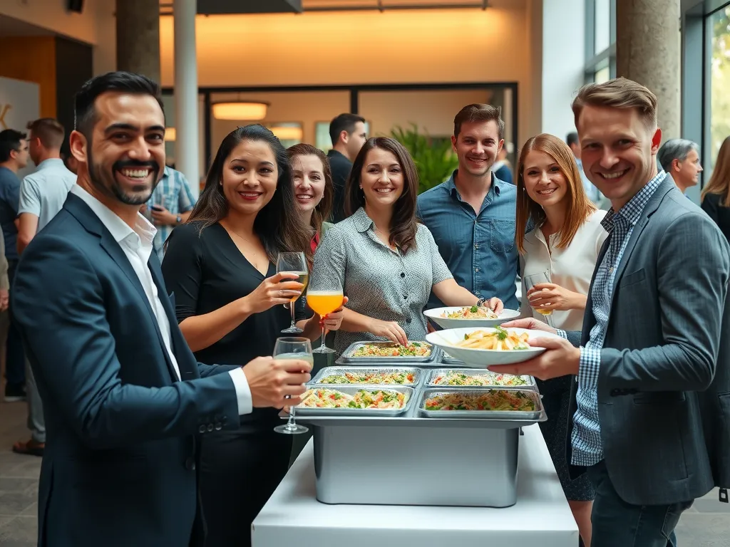 Satisfied and engaged employees enjoying eco-friendly catering at a corporate event, diverse group, positive atmosphere