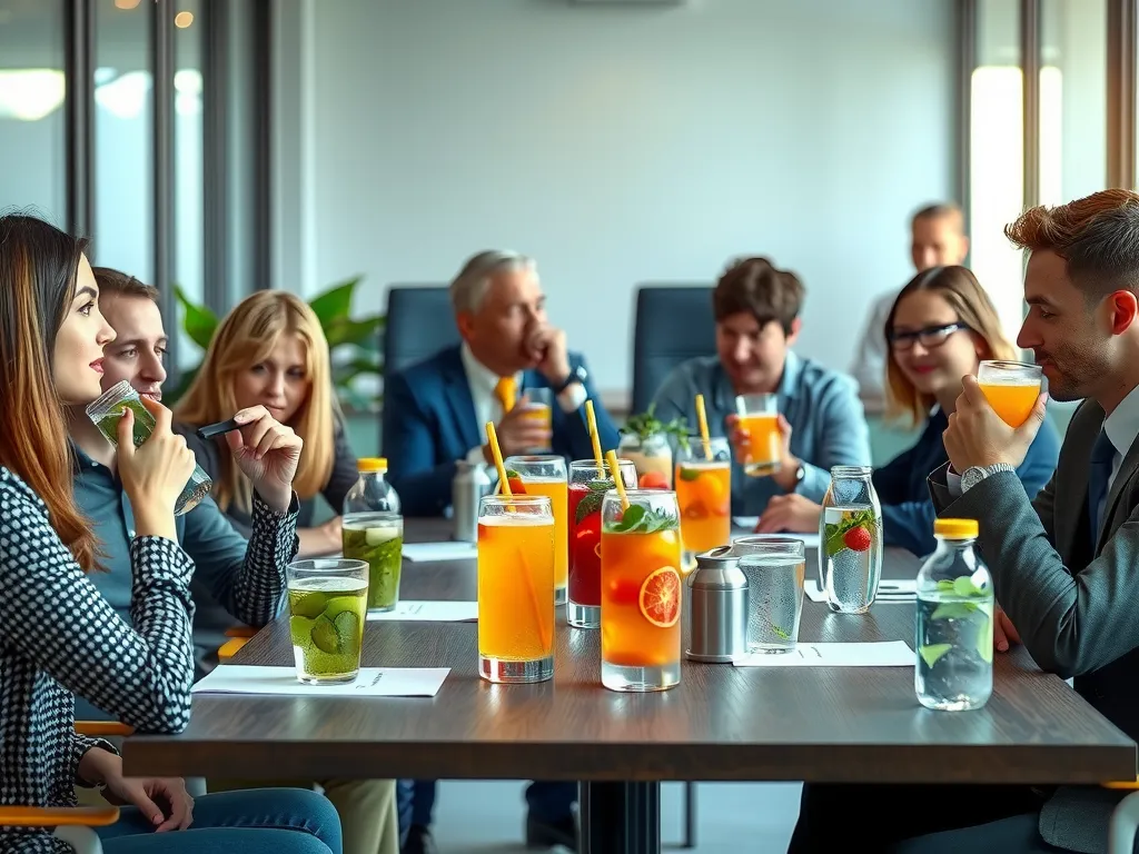 Business meeting with attentive participants enjoying health-friendly drinks, featuring a mix of fresh juices and sparkling waters, photorealistic, modern office environment
