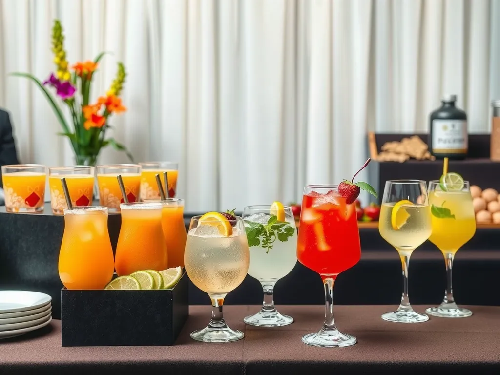 Customized catering setup with non-alcoholic beverage options tailored to a business event theme, showing a variety of stylish drink stations with creative presentations