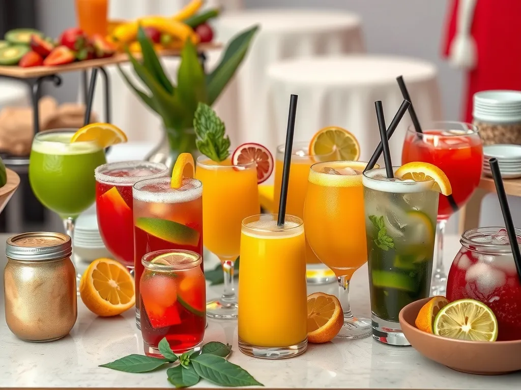 Variety of non-alcoholic beverages on a catering table: colorful mocktails, fresh juices, and traditional Saudi drinks like jallab and tamar hindy, detailed, professional photography
