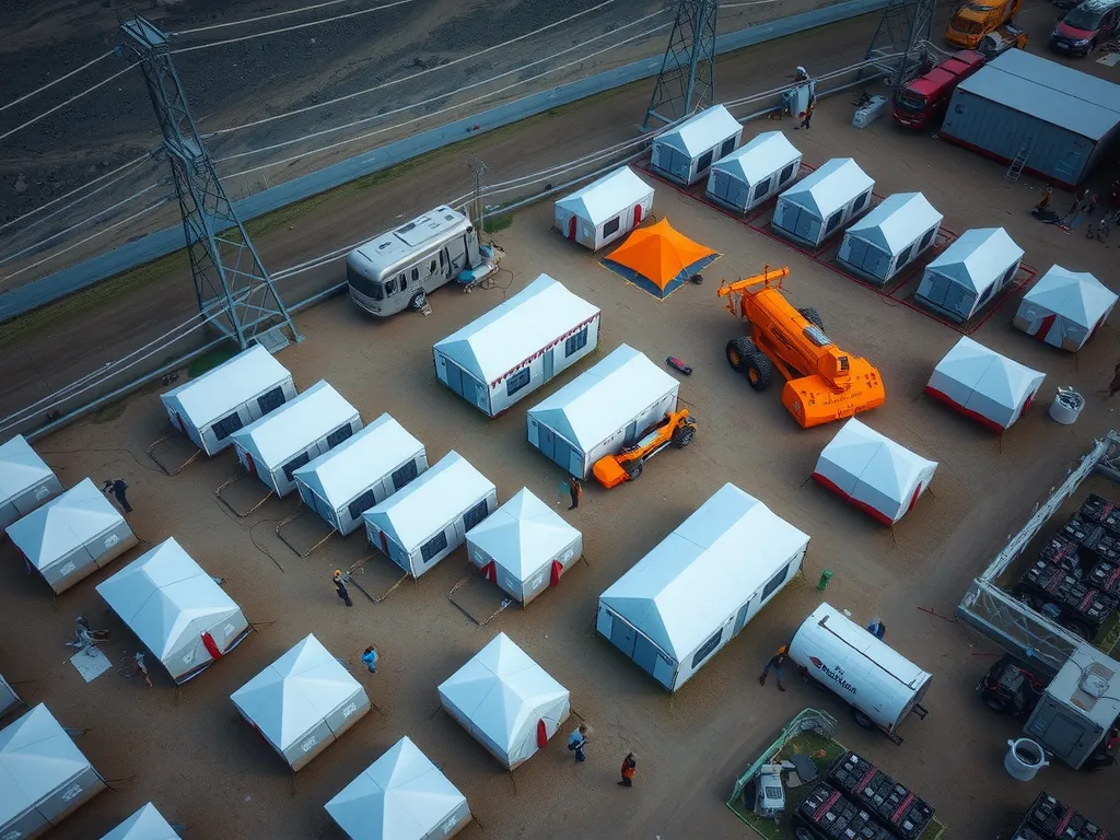 Aerial view of a large-scale campsite setup with tents and mobile kitchens, illustrating efficient logistical management in a remote location. The image shows infrastructure elements like power and water supply.