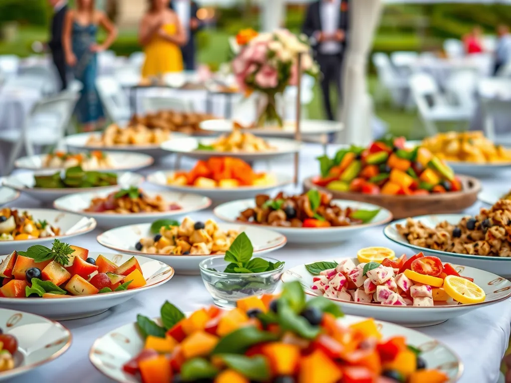 Close-up of an elegantly arranged buffet table at an outdoor event, featuring a variety of gourmet dishes presented artistically. The table is adorned with seasonal fruits and colorful salads, suitable for diverse dietary preferences.