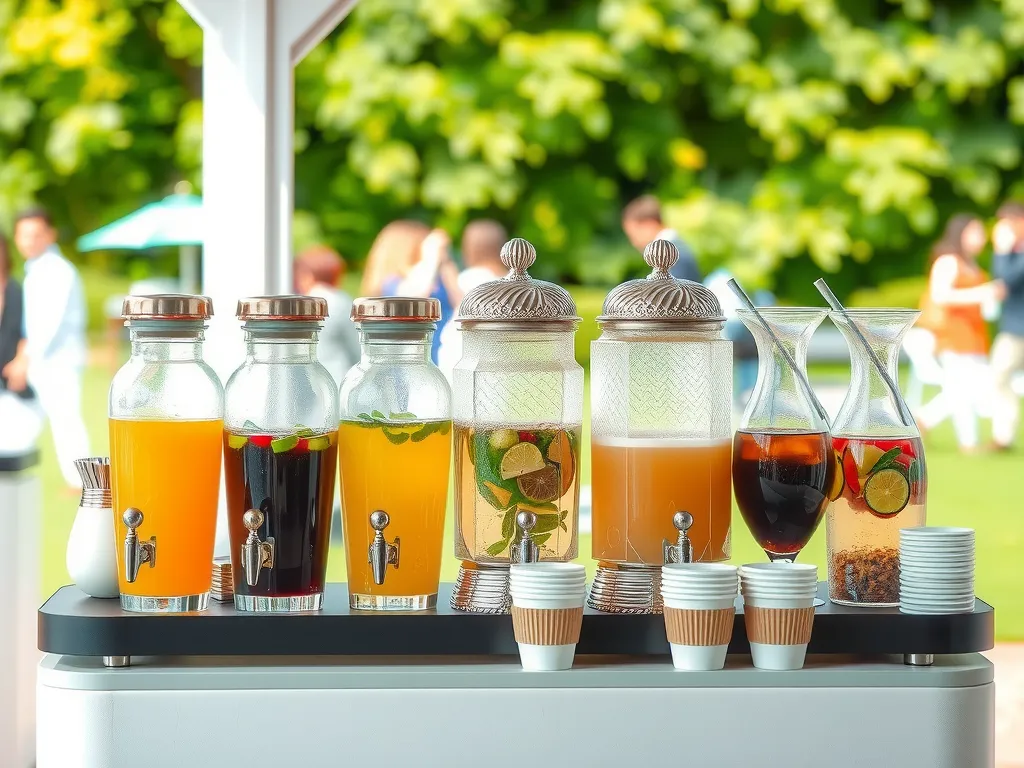 A stylish beverage station at an outdoor event, with a variety of fresh juices, flavored water, and coffee options served in elegant glass dispensers. The station emphasizes sustainability with eco-friendly cups.