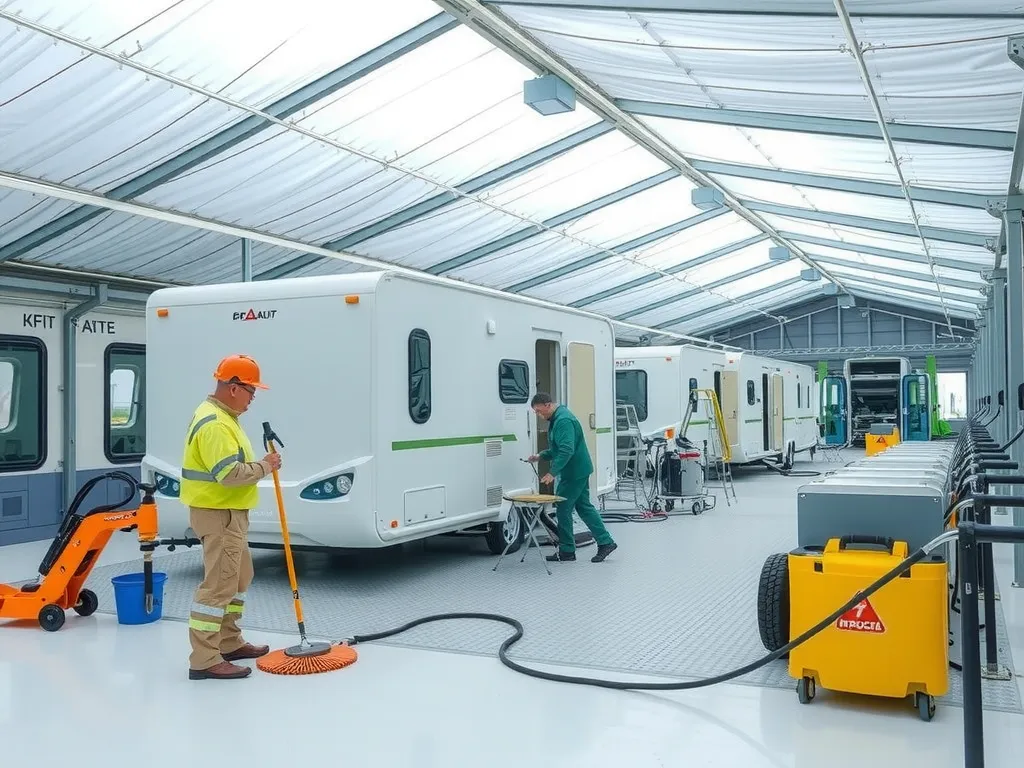 Clean and modern facilities with advanced technology used in a campsite, showing maintenance and cleaning staff ensuring pristine conditions, detailed and organized setting