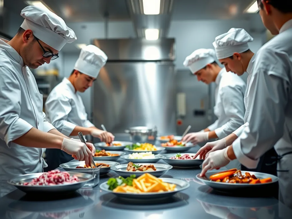 Team of chefs preparing high-quality meals in a professional kitchen, focused on cleanliness and food safety, photorealistic with natural lighting