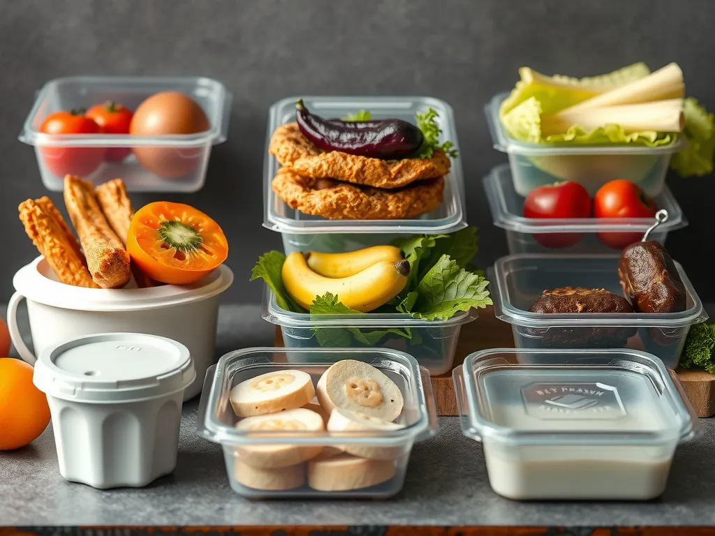 Eco-friendly food packaging and reusable containers, emphasizing sustainability in food service, professional photography style