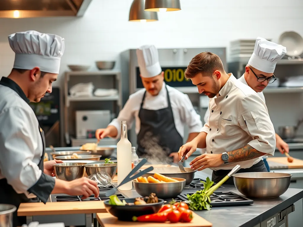 Professional kitchen training session, chefs and staff learning innovative cooking and management techniques, high quality, natural lighting