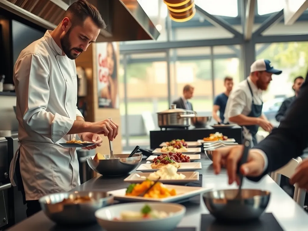 Live cooking station with a chef expertly preparing dishes, interactive and dynamic scene, professional photography, culinary event