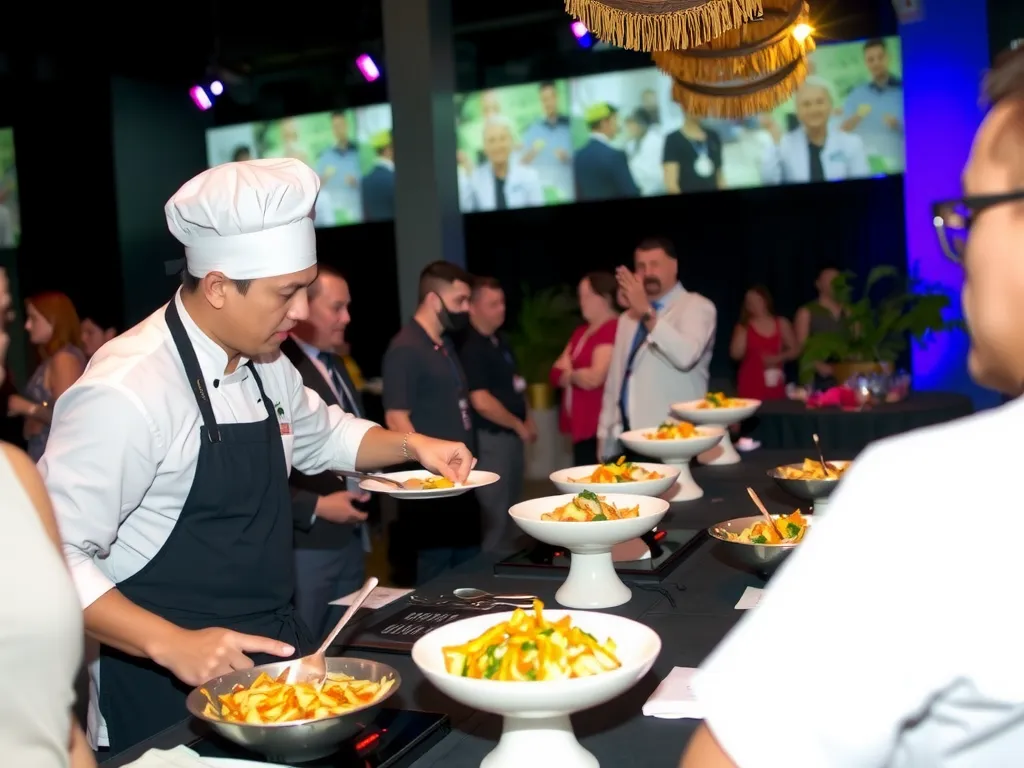 Live cooking station at a catered event, chef preparing dishes in front of guests, modern and interactive setting, vibrant atmosphere