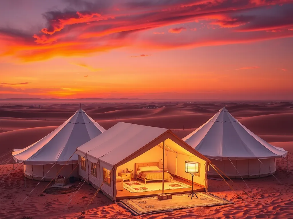 Scenic desert camping site with luxury tents at sunset, professional setup for corporate event, serene and inviting ambiance