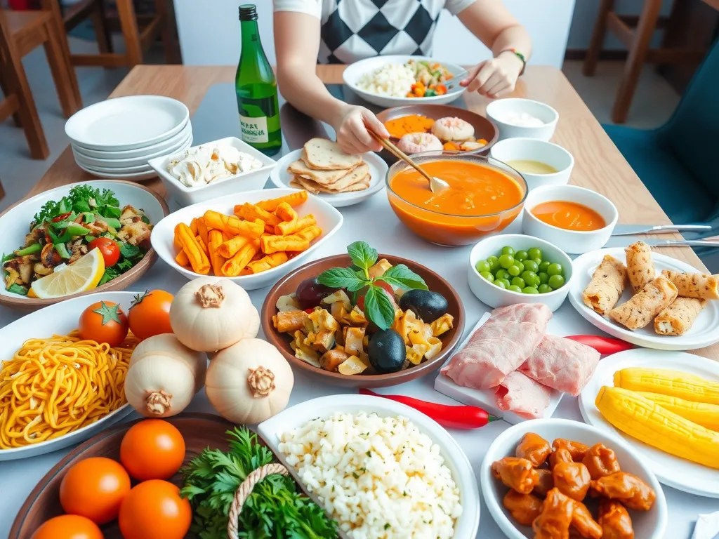 A colorful assortment of local and seasonal foods on a dining table, showcasing meal diversity and freshness, high quality, bright lighting