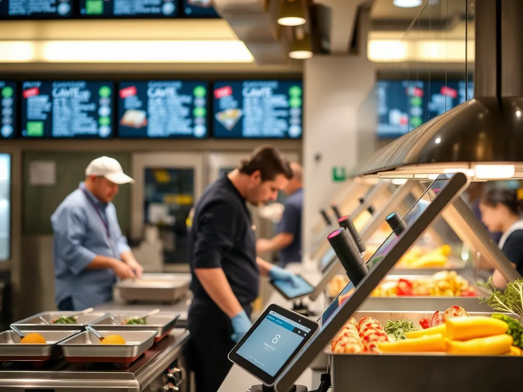 Modern culinary technology in use, such as digital cooking devices or live cooking stations, showcasing innovation in food service, high quality, professional lighting