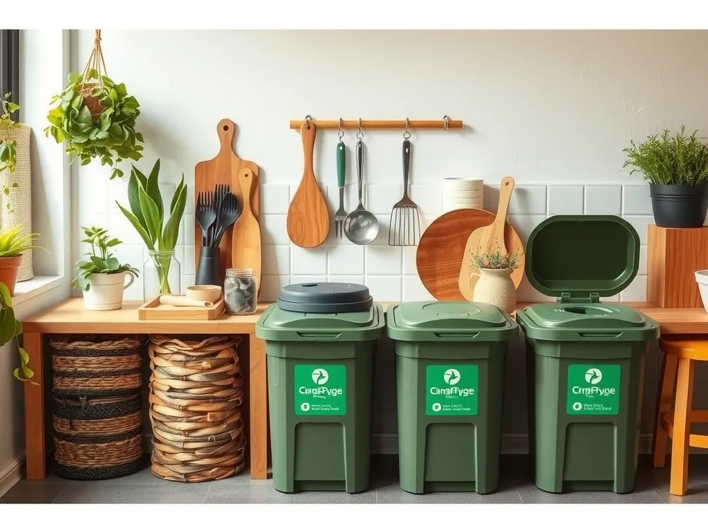 Eco-friendly kitchen practices, with composting bins and reusable kitchen utensils, showing commitment to reducing carbon footprint, photorealistic, natural lighting
