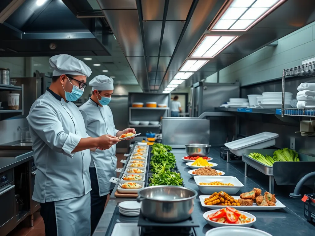 Professional kitchen environment with chefs in hygienic clothing preparing meals; modern equipment visible, emphasizing food safety, high quality, professional lighting