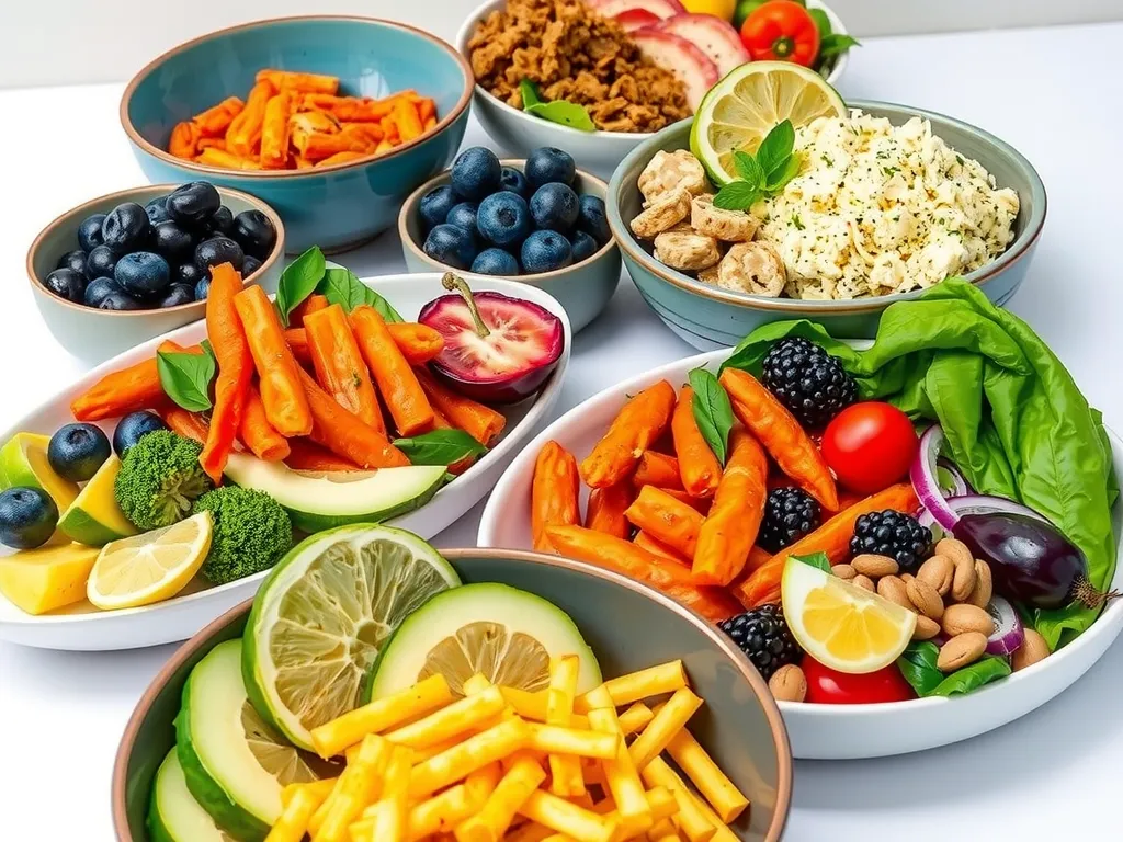 Customizable vegan and gluten-free meal options in a catering setting, professionally arranged, colorful and healthy presentation