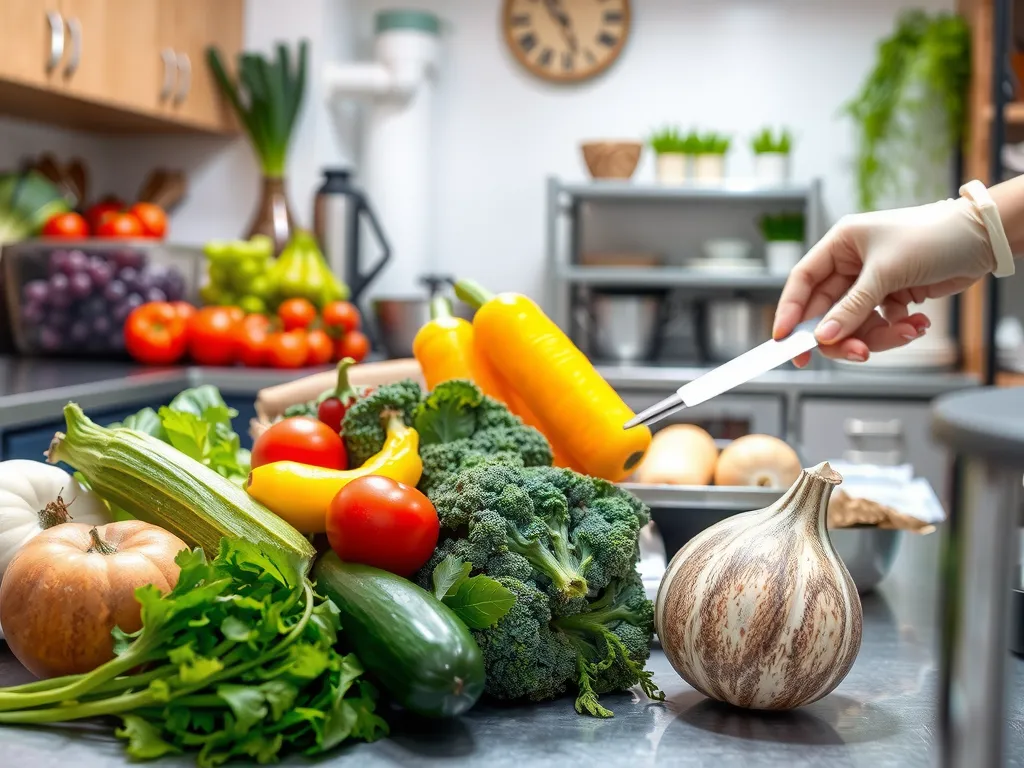 Fresh and high-quality ingredients being selected in a clean, organized kitchen environment, detailed, professional lighting