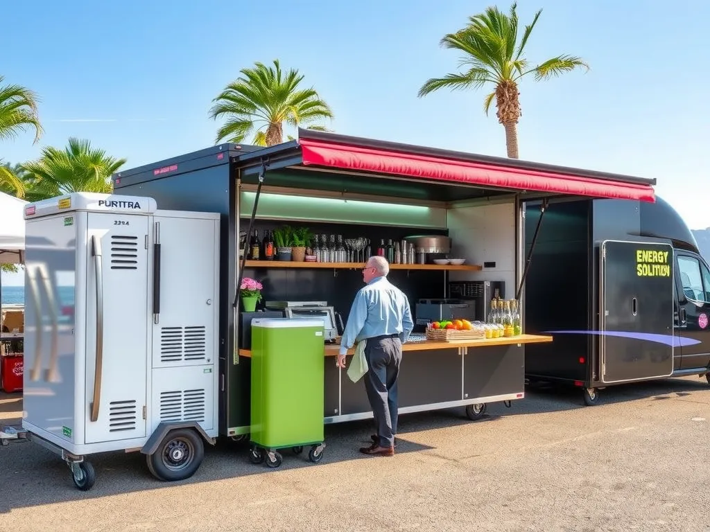 Mobile kitchen setup in an outdoor event, with mobile refrigeration units and energy solutions, professional outdoor catering, vibrant atmosphere