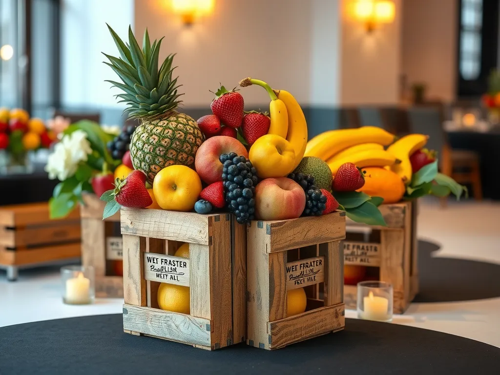 Beautifully designed fruit centerpiece using rustic wooden crates, blending with modern and elegant event theme, photorealistic, aesthetically pleasing
