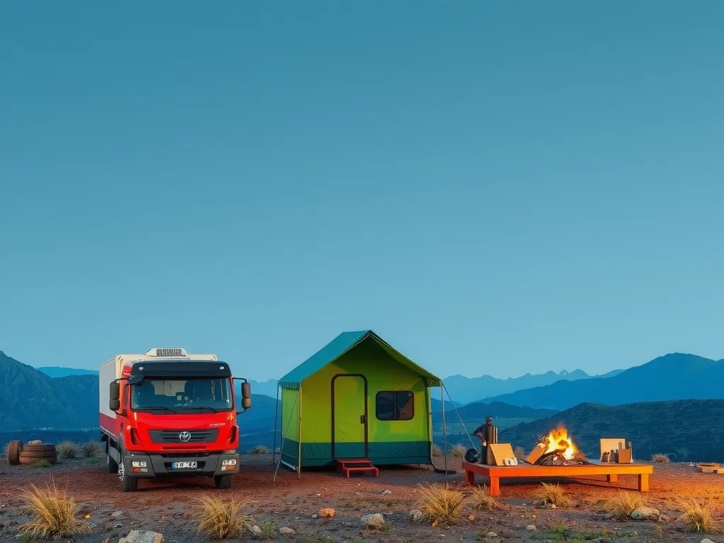 Comprehensive camp management services setup, catering and logistics for remote site, organized and efficient presentation, photorealistic