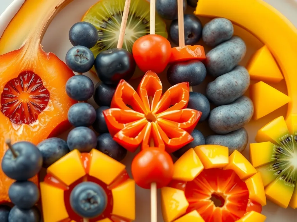 Creative fruit presentation using skewers and carved designs, emphasis on color harmony and texture, artistic and balanced display, photorealistic