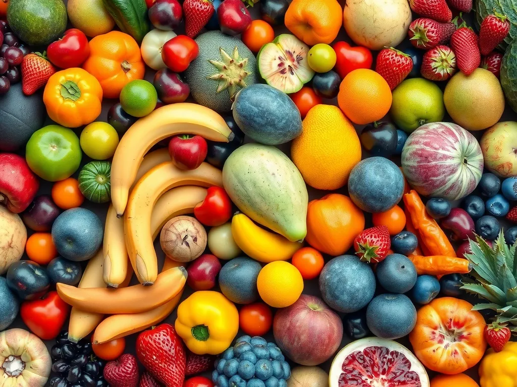 Diverse assortment of colorful fruits rich in vitamins displayed in layers, emphasis on freshness and variety, photorealistic