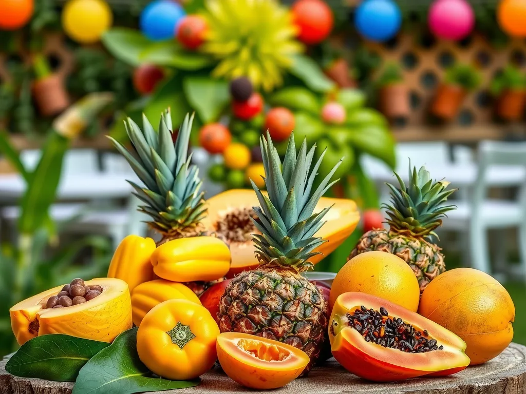 Tropical fruit mix including pineapples, mangoes, and papayas in a summer garden party setting, relaxed atmosphere, photorealistic, vibrant colors