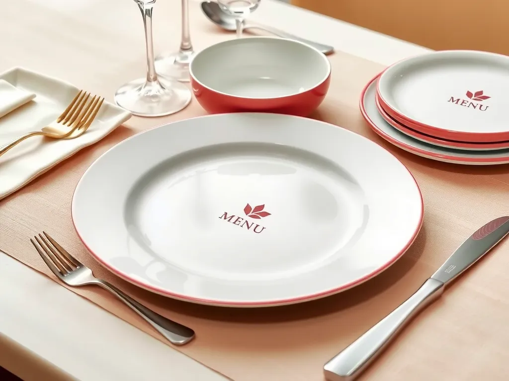 Branded corporate menu with logo-embossed tableware and dishes aligned with corporate colors, sophisticated, minimalist design