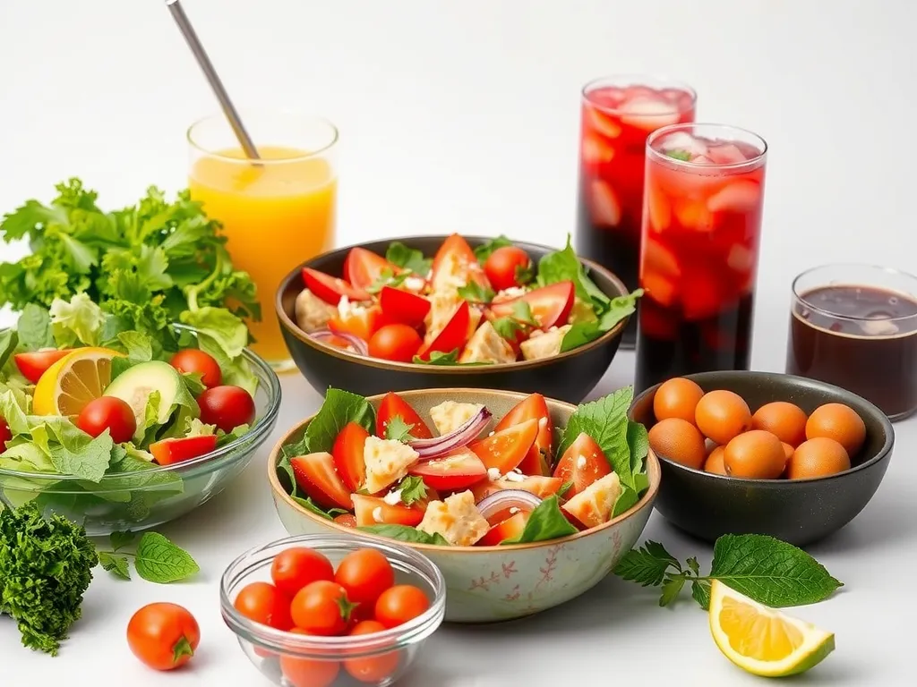Healthy catering setup with organic food selections, fresh salads, and non-alcoholic beverages, detailed, bright lighting, clean background