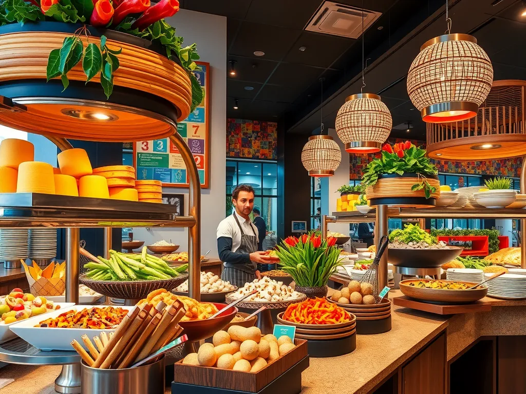Vibrant global fusion buffet with Mediterranean, Asian, and Latin American culinary stations, colorful and detailed, artistic presentation, energetic ambiance