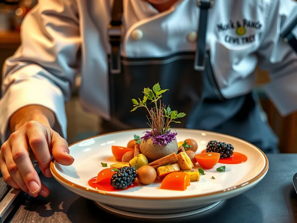 Close-up of a chef creating a personalized culinary dish, showcasing innovative plating techniques and fresh ingredients, professional photography, gourmet style