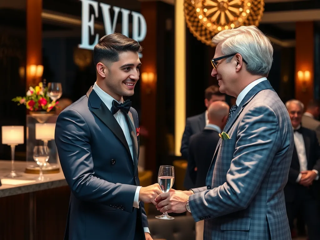 Personalized service with a well-dressed concierge greeting a VIP guest at a luxury event, elegant setting, high-end hospitality, professional lighting