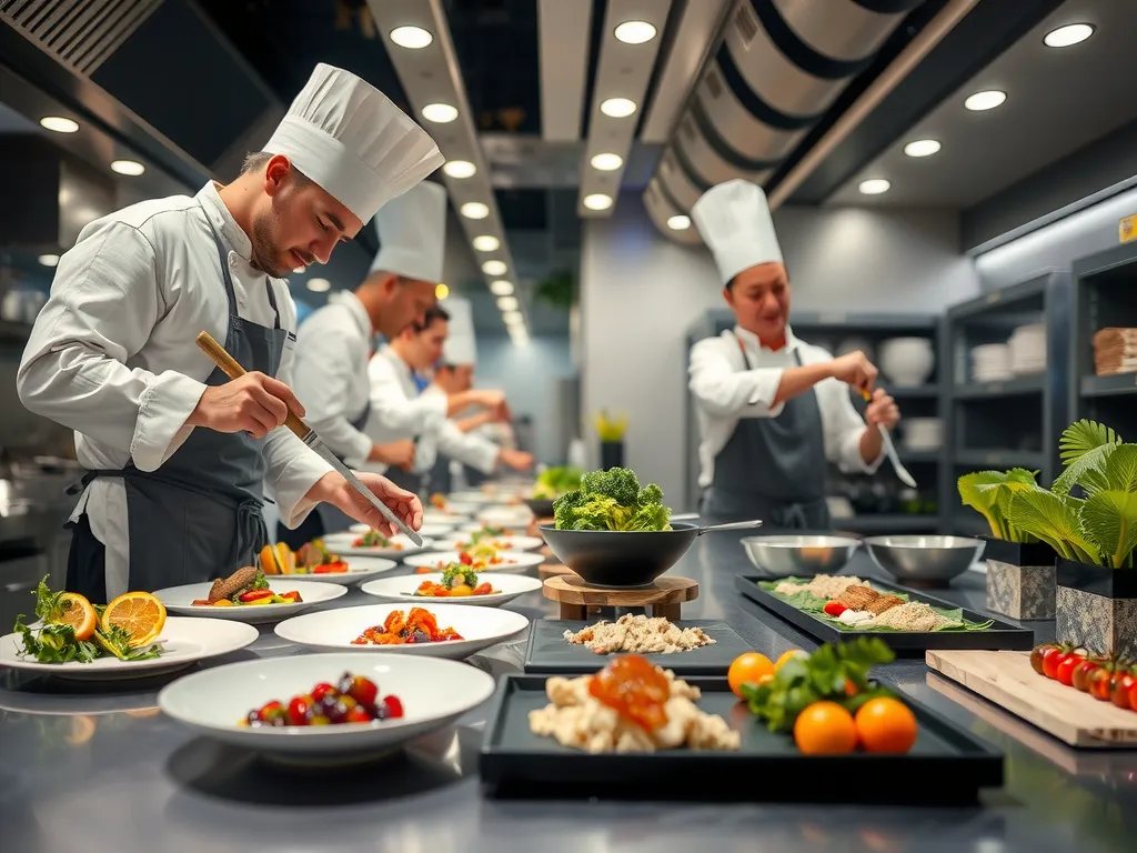 Professional chefs preparing gourmet dishes in an open kitchen setup, live cooking station, modern and clean environment, high quality