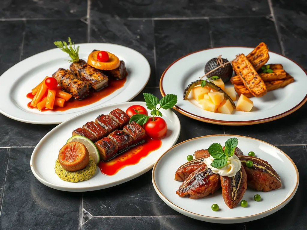 Luxurious ingredients and gourmet dishes beautifully presented on elegant plates, with a focus on quality and luxury, photorealistic