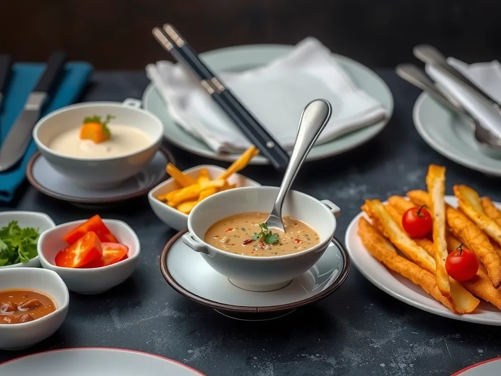 Unique and visually appealing serving utensils and tableware arrangement, professional photography style