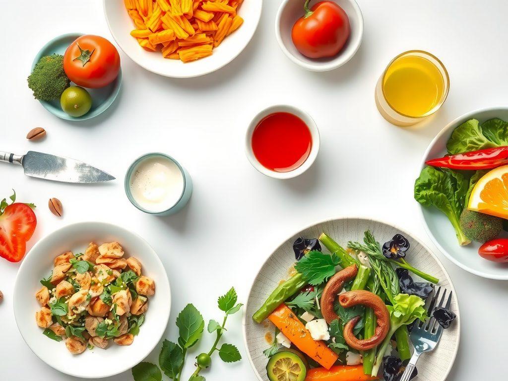 An elegant layout of vegetarian dishes and fresh juices in a medical setting, highlighting ingredients rich in omega-3 and probiotics, minimalistic and clean design
