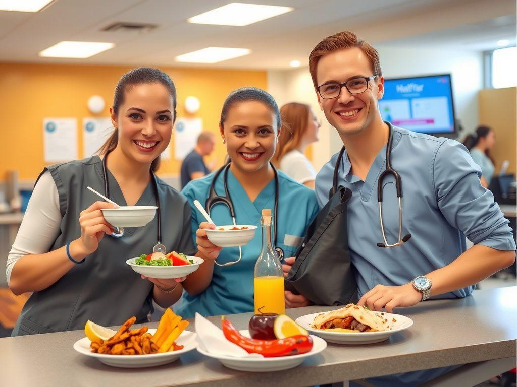 Healthcare workers enjoying a healthy, well-balanced meal in a hospital cafeteria, showing vibrant, nutritious dishes and satisfied expressions, professional photography style