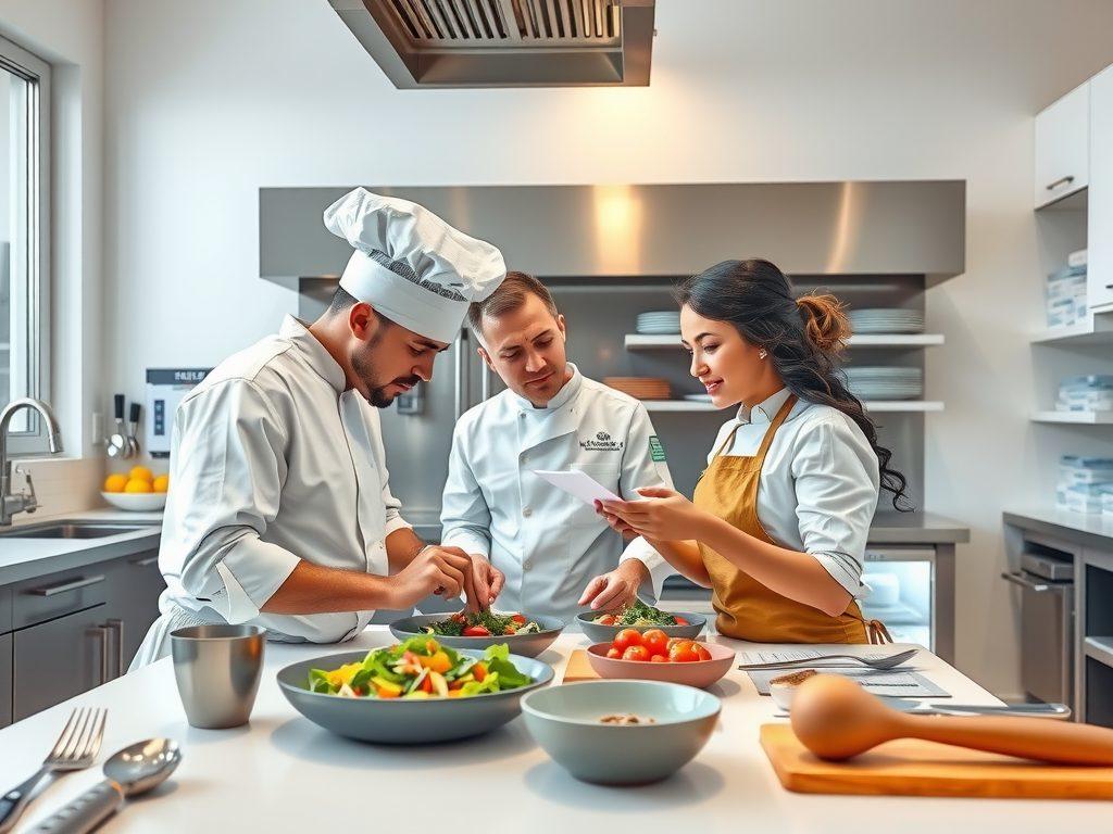 A professional kitchen setting in a modern healthcare facility, showing chefs and nutritionists collaborating over meal plans, photorealistic, high quality, professional lighting