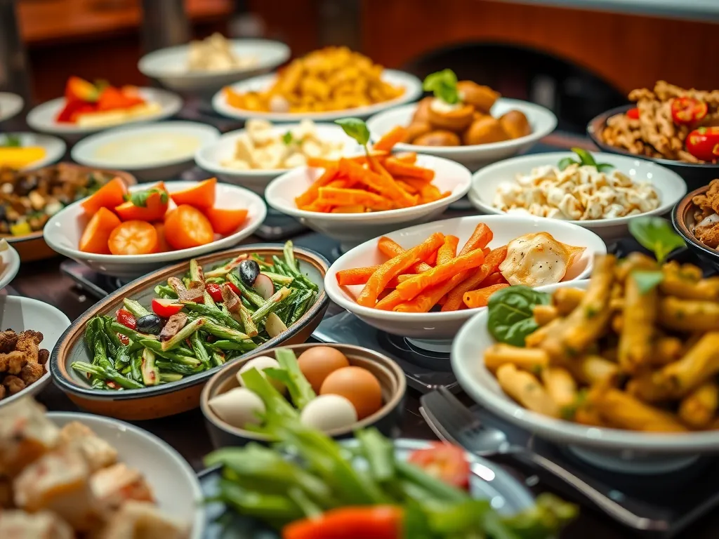 Close-up of elegantly arranged buffet with diverse food options, including vegetarian and gluten-free choices, photorealistic, vibrant colors, and fine dining aesthetics.