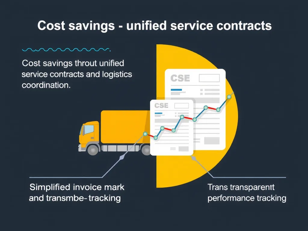 Illustration of cost savings through unified service contracts and logistics coordination, featuring simplified invoices and transparent performance tracking, modern infographic style.
