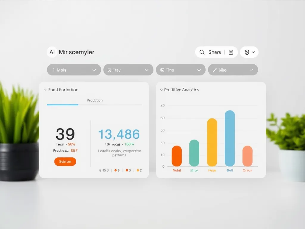 AI-powered food management system suggesting meal portions and consumption patterns using predictive analytics, clean interface with sleek design, professional photography