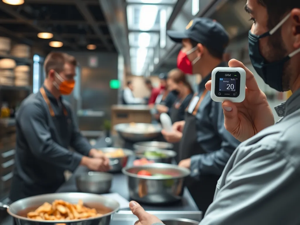 Food safety monitoring technology with digital sensors and IoT devices tracking temperature and safety protocols in a modern kitchen environment, detailed and professional photography