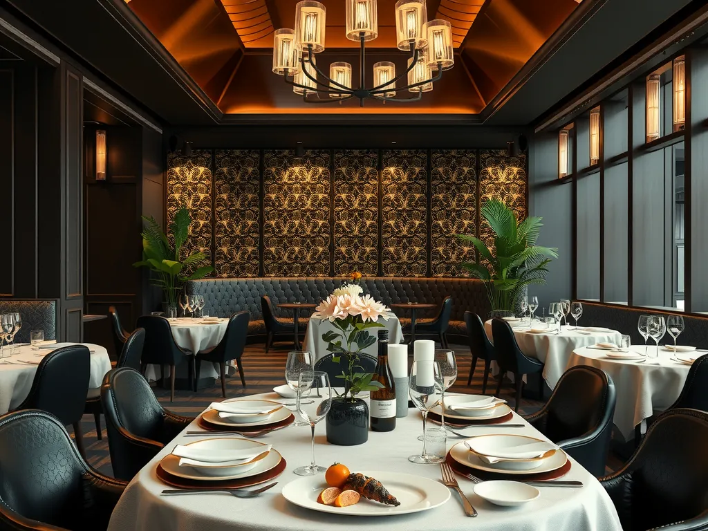 High-end dining experience setup with luxurious table settings, seasonal local ingredients, and a sophisticated ambiance, focusing on high-quality service, photorealistic