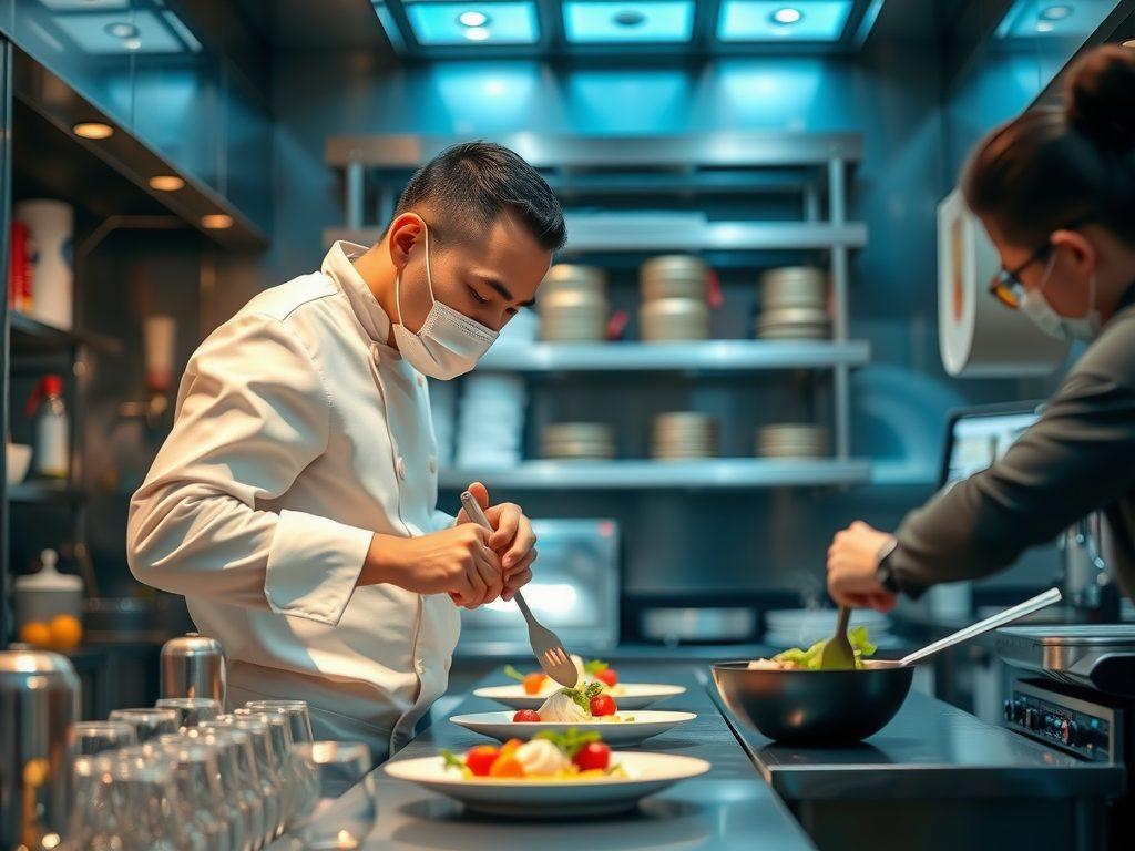 Chef using modern cooking techniques like sous-vide in a professional kitchen, showing attention to detail and food safety, high quality, dynamic composition