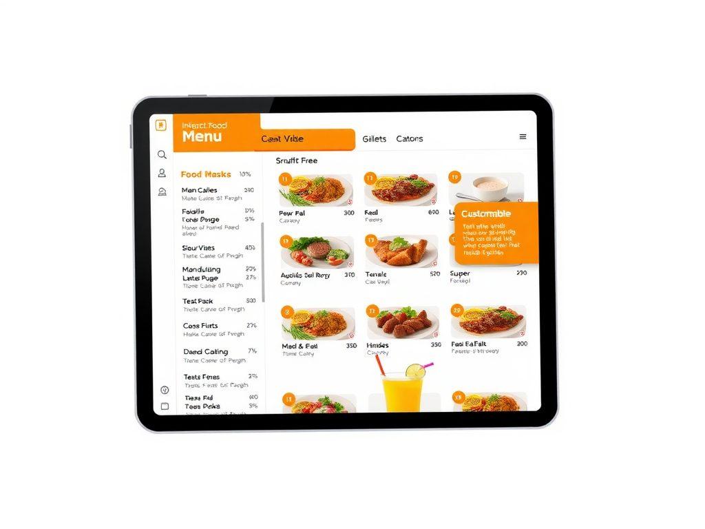Digital food menu displayed on a tablet, interactive and customizable options highlighted, clear background, high resolution